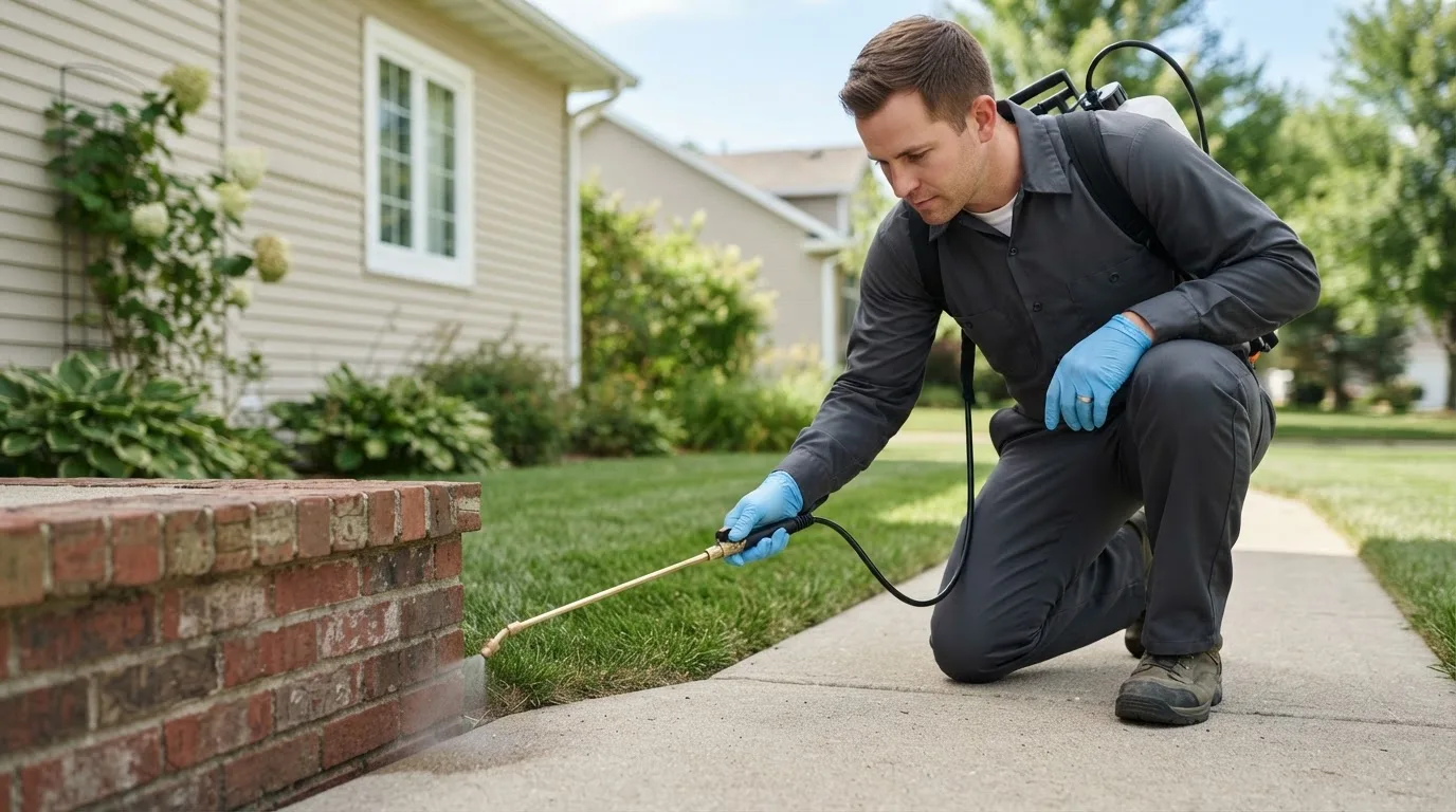 Pest control technician treating a home near Fowler, IN