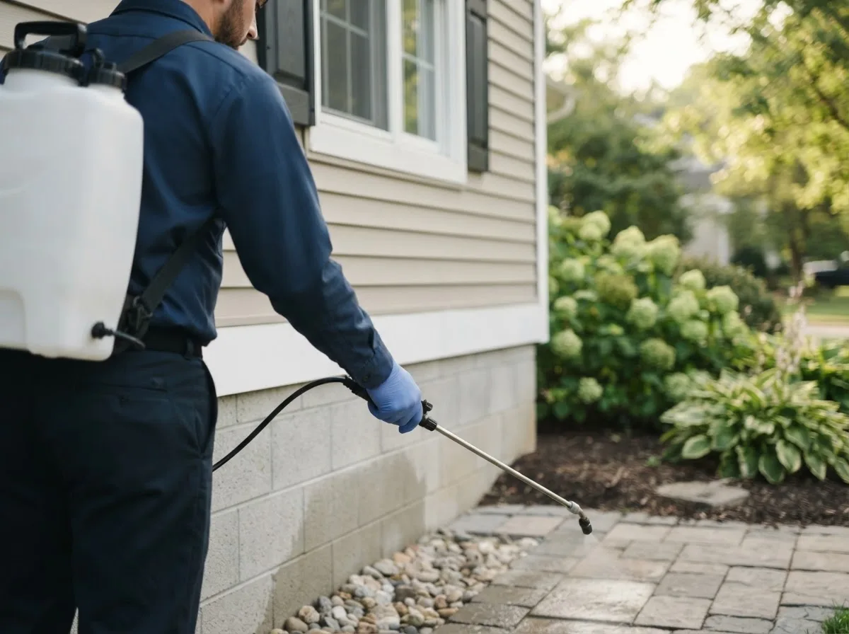Pest control technician inspecting a home in Fowler, IN